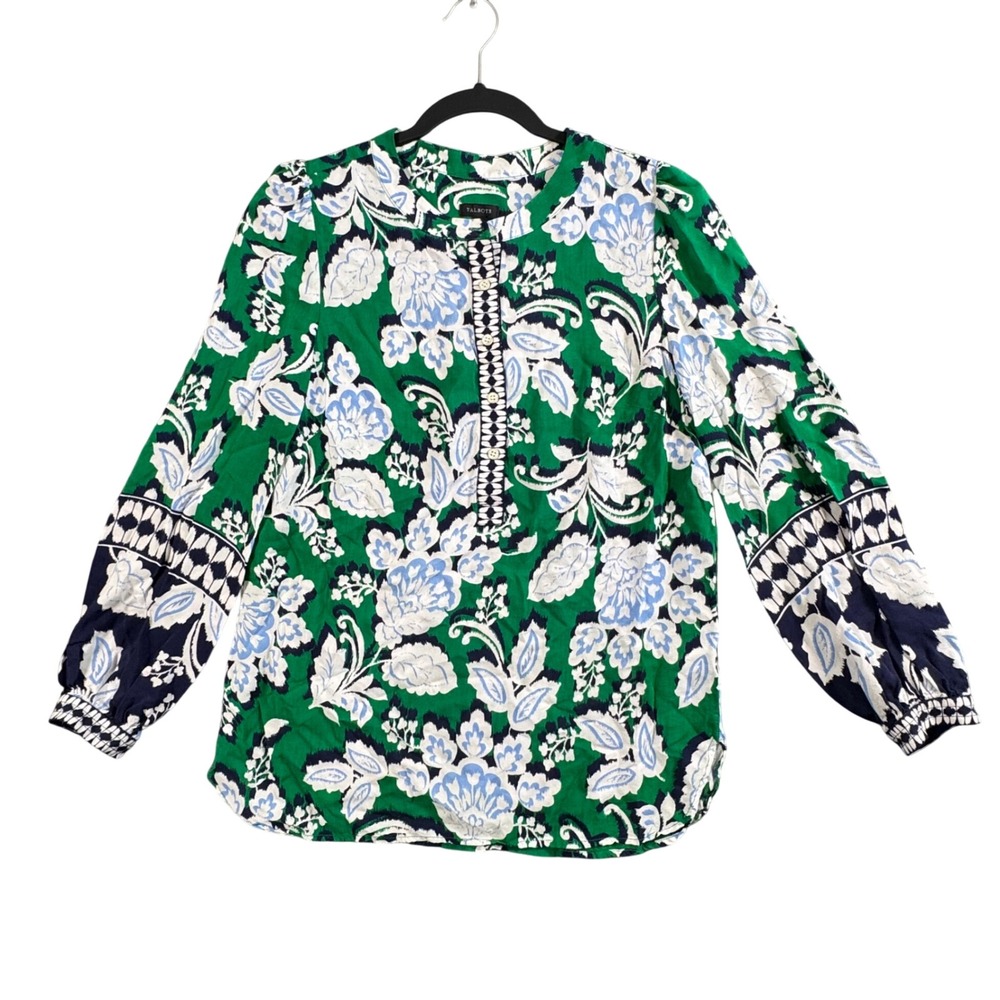 Talbots Garden Floral Henley Blouse S Resort Coastal Preppy Romantic Cottagecore